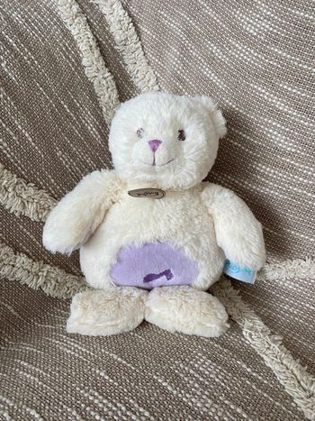 Peluche doudou musical 25cm babynat ours beige blanc et violet très bon état