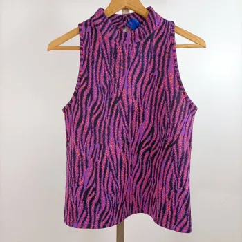 Top sans manches imprimé graphique M col montant noir violet orange jacquard rétro A1356