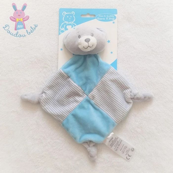Doudou plat Ours grelot bleu gris blanc rayé Tom & Kiddy