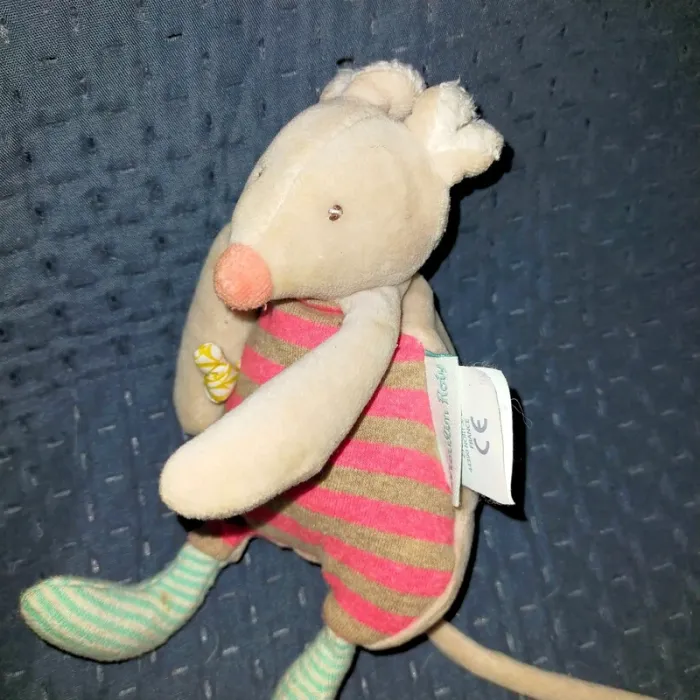 Doudou peluche souris multi colore grelot biscotte et pompon Moulin roty - photo numéro 2