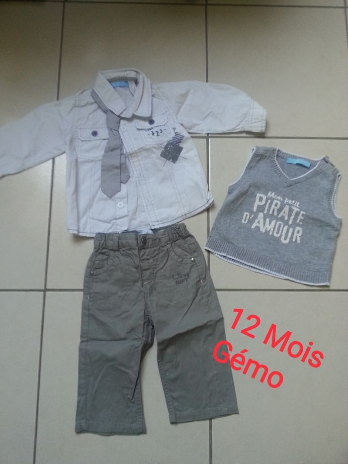 Ensemble pantalon chemise manches longues, cravate et pull sans manche 12 mois Gémo