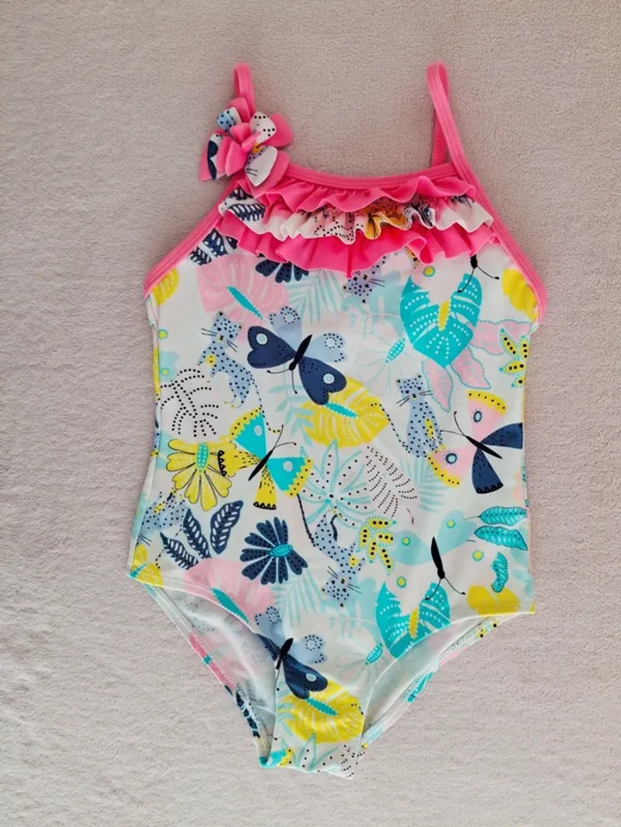 Maillot de bain 1 pièce 6 ans In Extenso rose fluo bleu turquoise et jaune