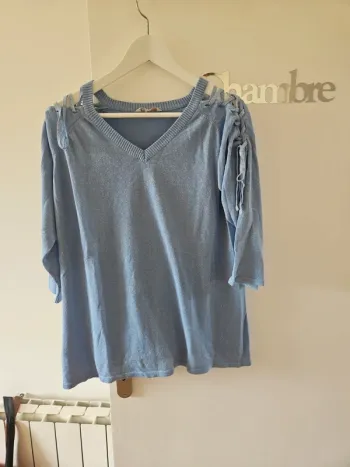 Pull bleu pailletté manches 3/4