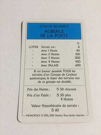 Carte Auberge de la poste pièce jeu de société Monopoly le tour de Gaule d'Astérix Hasbro #A53