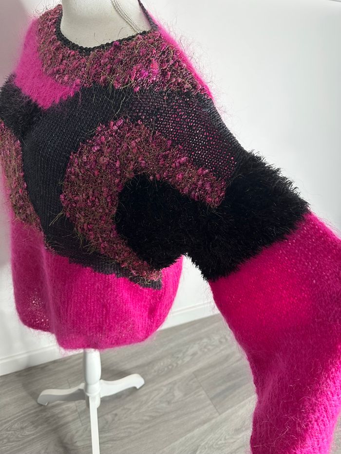 Pull oversize angora et mohair rose fuchsia et noir Anny Blatt Vintage T42 XL - photo numéro 8