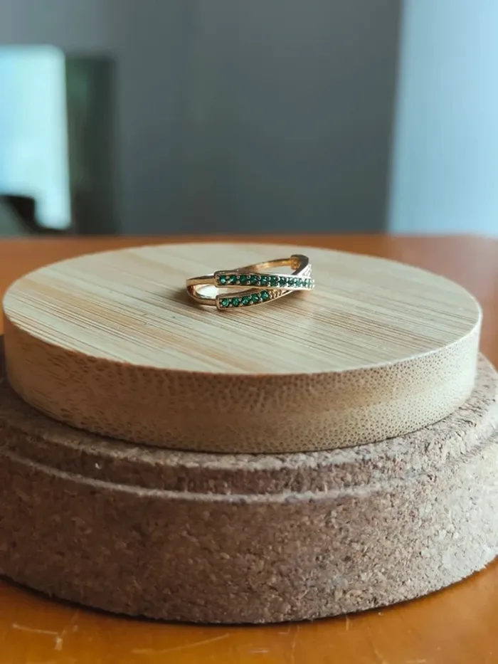 Anneau doré & vert, zircon, élégant - photo numéro 2