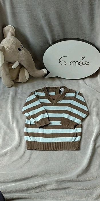 Pull léger col V Garçon 6 mois rayé marron et bleu clair 100% coton Kimbaloo Boy
