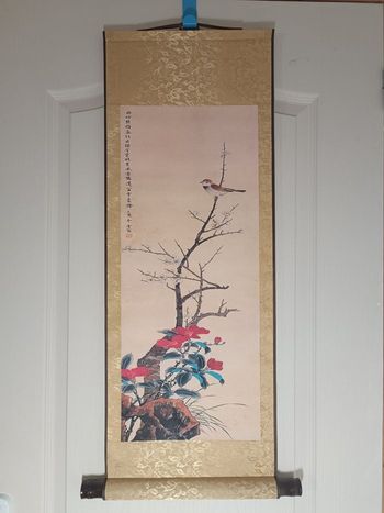 Tableau peinture impression oiseau Moineau fleurs prunier camélia 