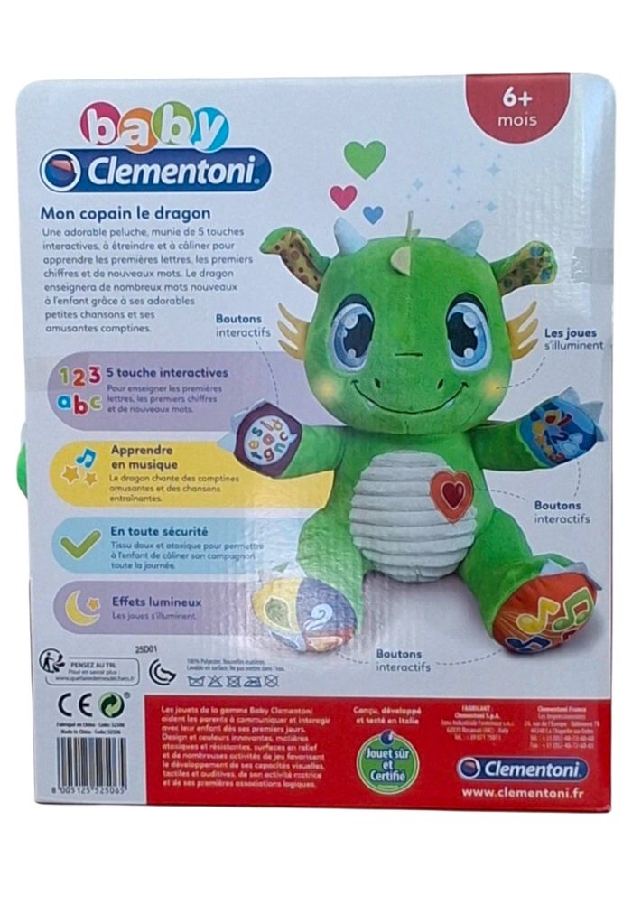 Peluche interactive Mon copain Le Dragon Baby Clementoni Dés 6 mois - photo numéro 2