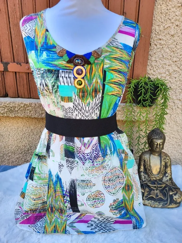 Blouse sans manche fluide ethnique ivoire multicolore taille 46