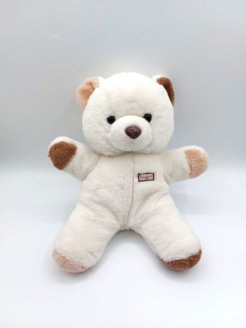 Ancien doudou peluche ours blanc beige BOULGOM marron Vintage 30 cm yeux durs