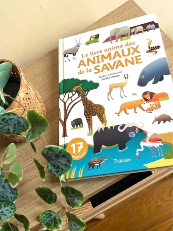Livre enfant anime animaux de la savane tourbillon educatif interactif cartonne apprentissage