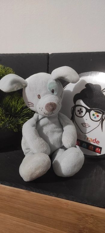 Doudou Chien bleu gris 25 cm tex baby peluche carreaux cocard Gris Blanc