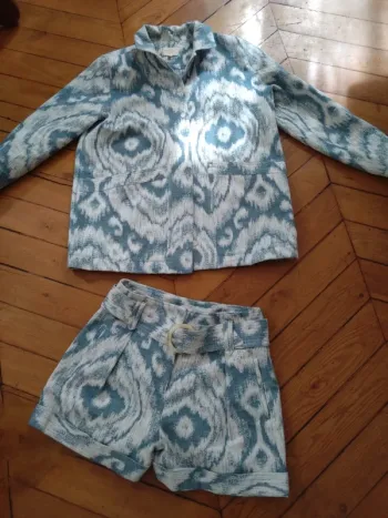 Ensemble Sézane "Will" T40 – Blazer oversize & short jacquard bleu/blanc en coton