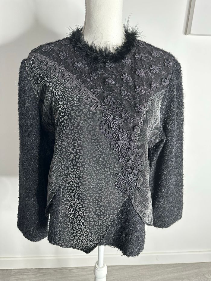Pull patchwork laine noir et argenté Vintage T38 M