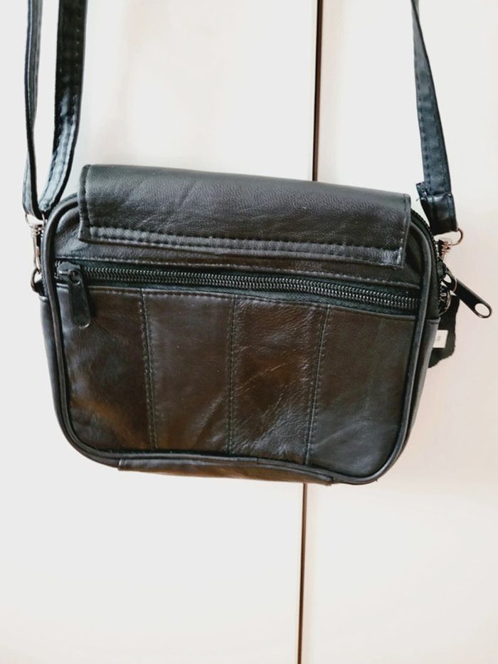 Sac à main bandoulière Cuir véritable peau agneau mouton vintage noir pochette réglable multipoches - photo numéro 7