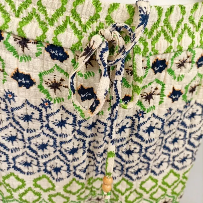 Ensemble ZARA coton imprimé ethnique vert bleu M haut boutonné + short taille cordon A567 - photo numéro 9