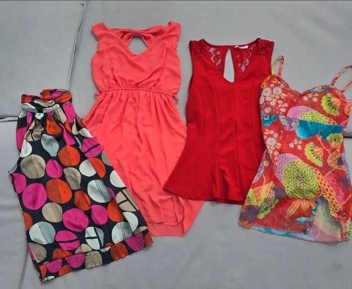 Lot vêtements top debardeur  taille s 36 38 camaieu femme colorés rouge corail rose imprimé