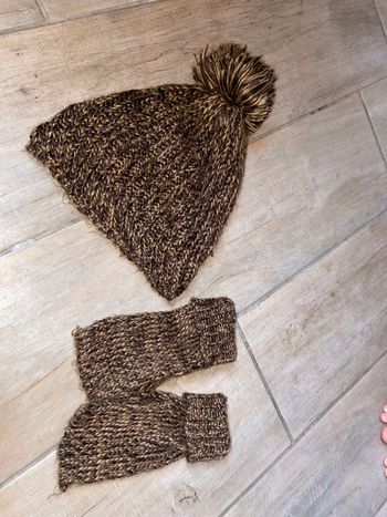 Moufles laine femme marron camel hiver chaud gants bonnet ensemble