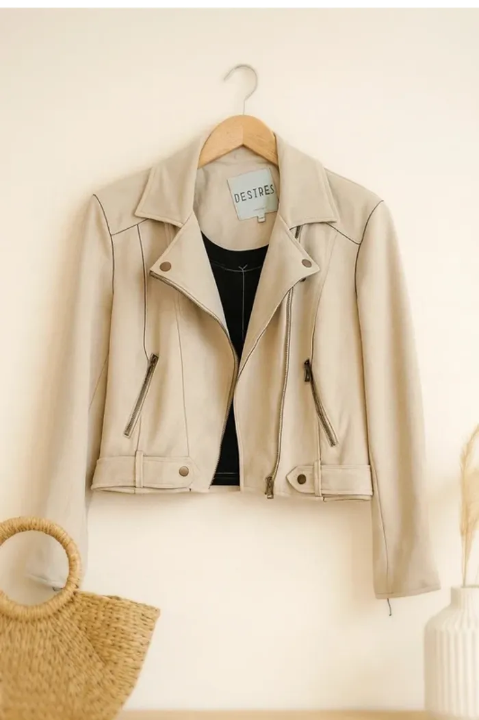 Veste biker beige Desires avec tirettes aux manches Femme Taille L