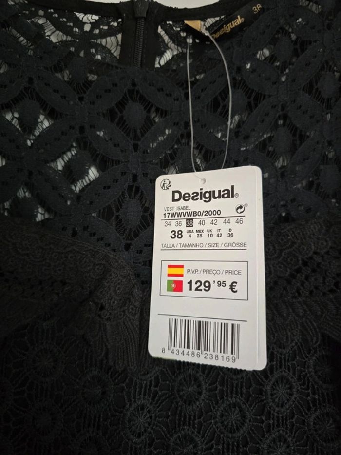 Magnifique Robe vest isabel desigual noire dentelle macramé manches évasées 38 neuve avec etiquette - photo numéro 2