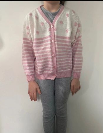 Gilet en laine blanc et rose tricoté fille 9 ans