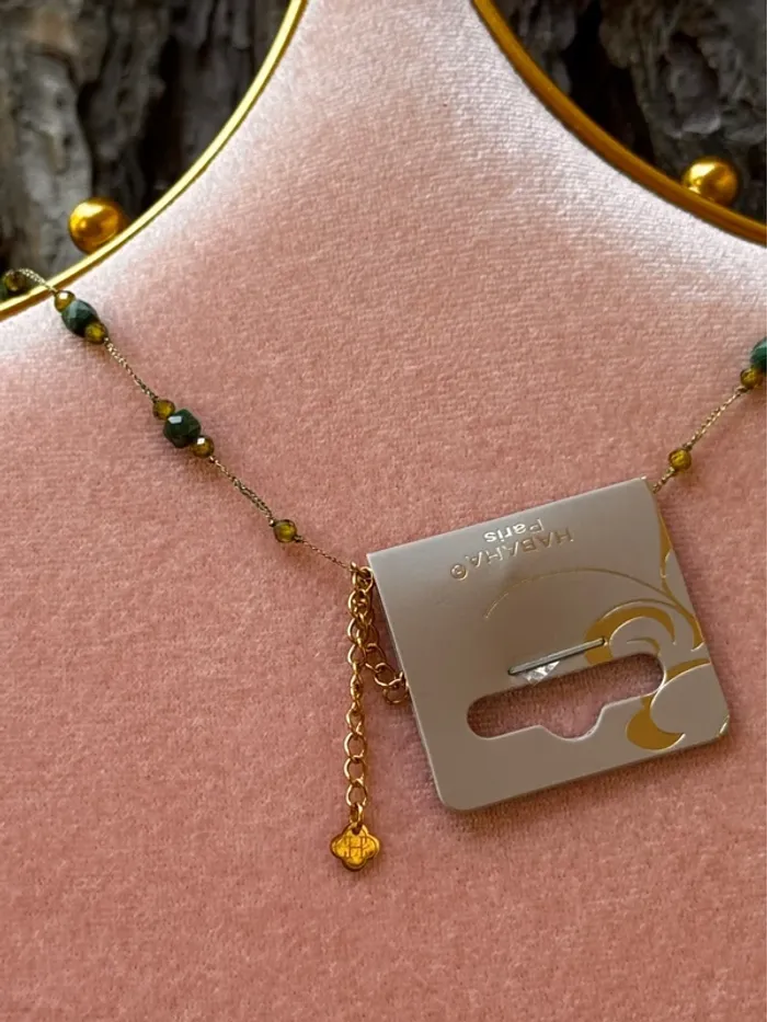 Collier cordons fins tresses habaha Paris perles malachites et 2 multi facettes d’eaux dou - photo numéro 6