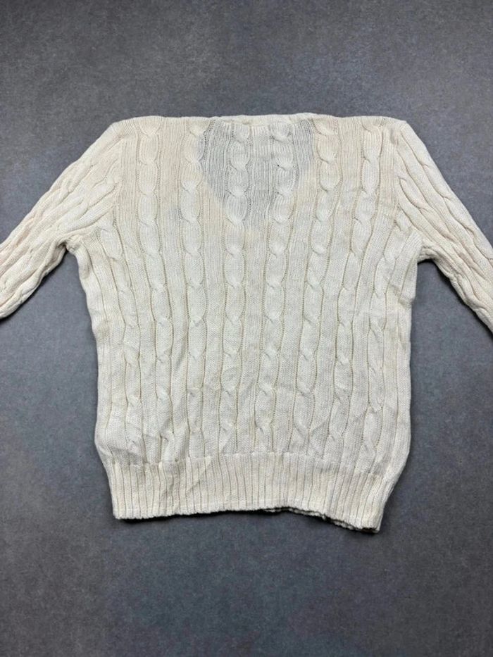 Pull d’hiver torsadé en maille pima Cotton blanc crème logo bleu marine col V taille M femme - photo numéro 3