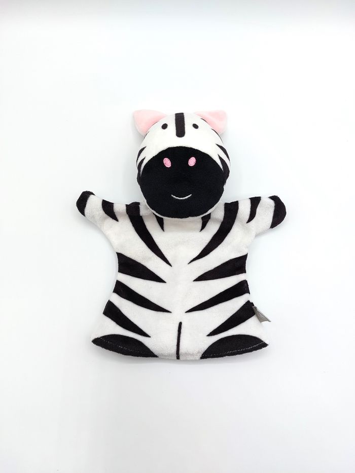 Doudou peluche marionnette zèbre Oxybul éveil et jeux noir blanc rose