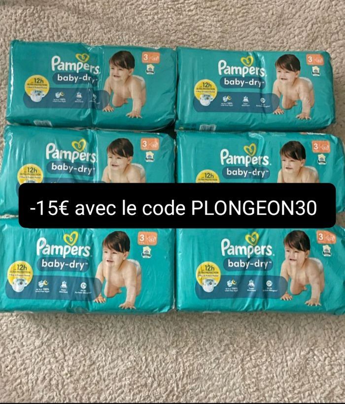 Six paquets de couches Pampers baby-dry T3 taille 3