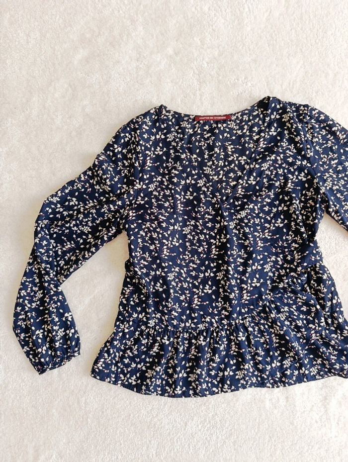 Blouse haut top cache coeur Comptoir des cotonniers 38 bleu marine et blanc ceinture assortie - photo numéro 5