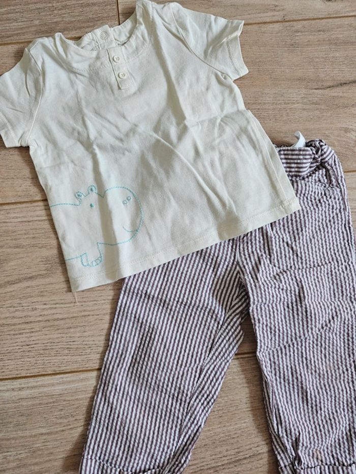 Ensemble t-shirt manches courtes et pantalon léger été Natalys et Petit Bateau 12 mois 74cm