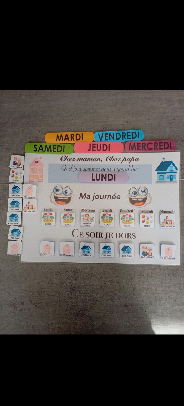 Fiche plastifiée d'activité pour enfants chez maman. Chez Papa