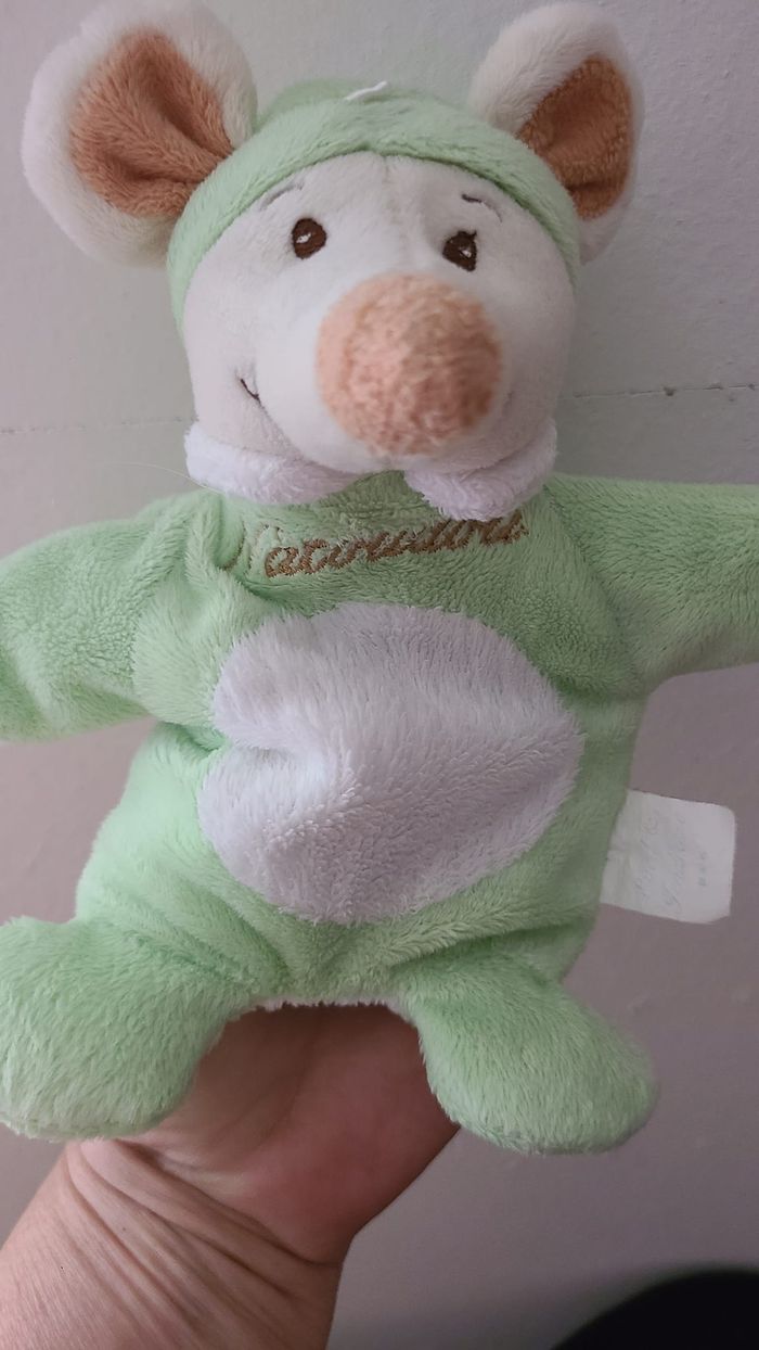 souris marionnette cmp éveil et tendresse doudou vert blanc natoudou peluche - photo numéro 3