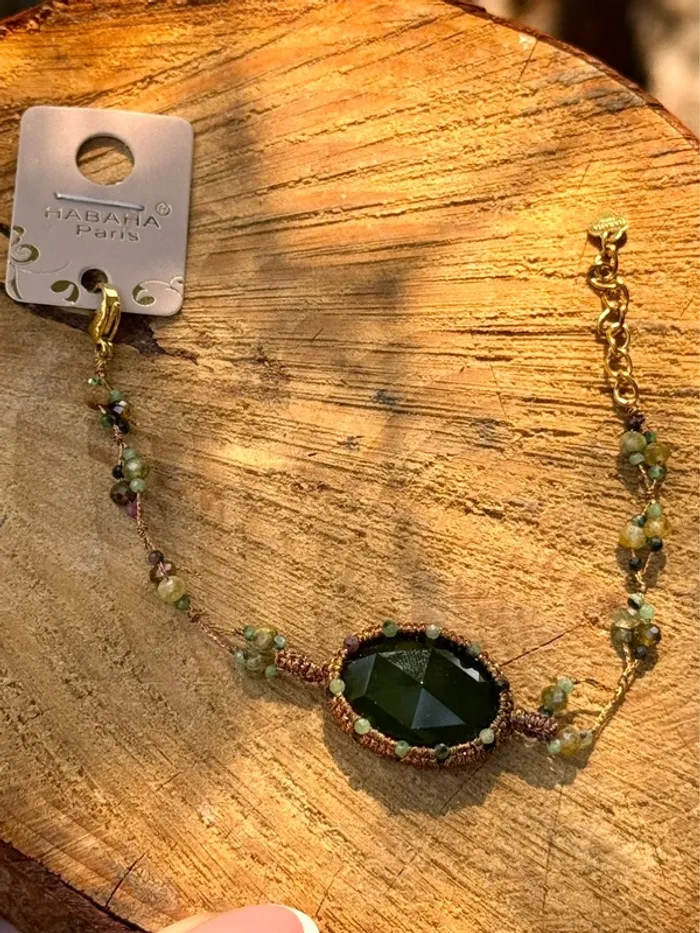 Bracelet bracelet cordons et fils tissés malachite jade et gros pavé perles d’eaux vert habaha Paris - photo numéro 2