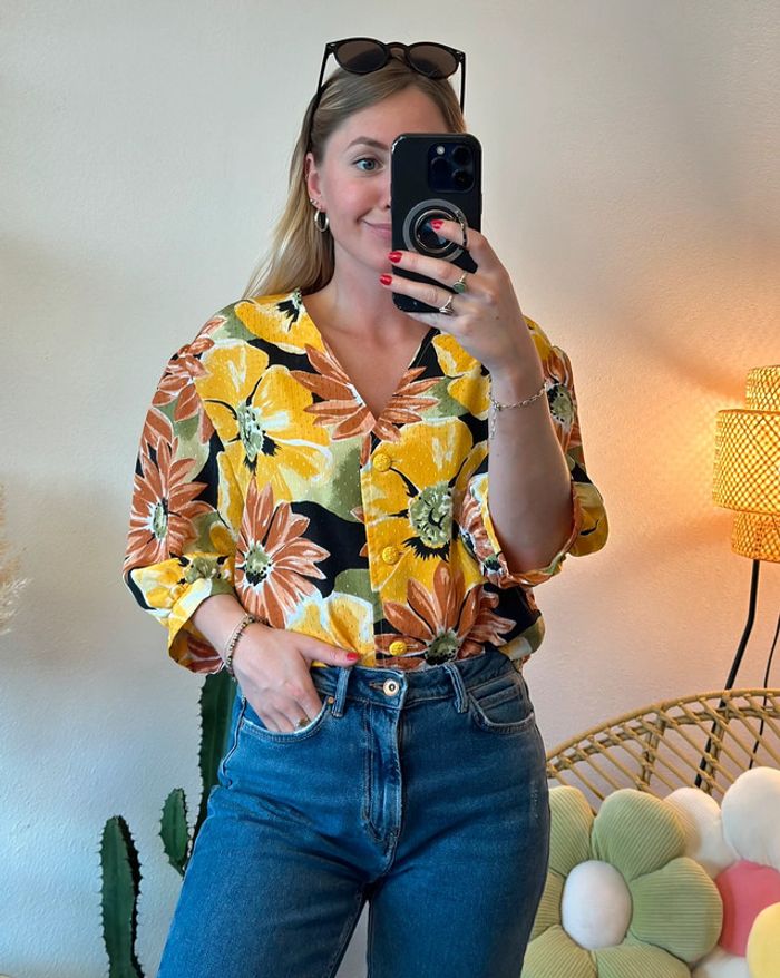 Chemise jaune imprimée fleurs, modèle vintage, taille unique - Saint Charles