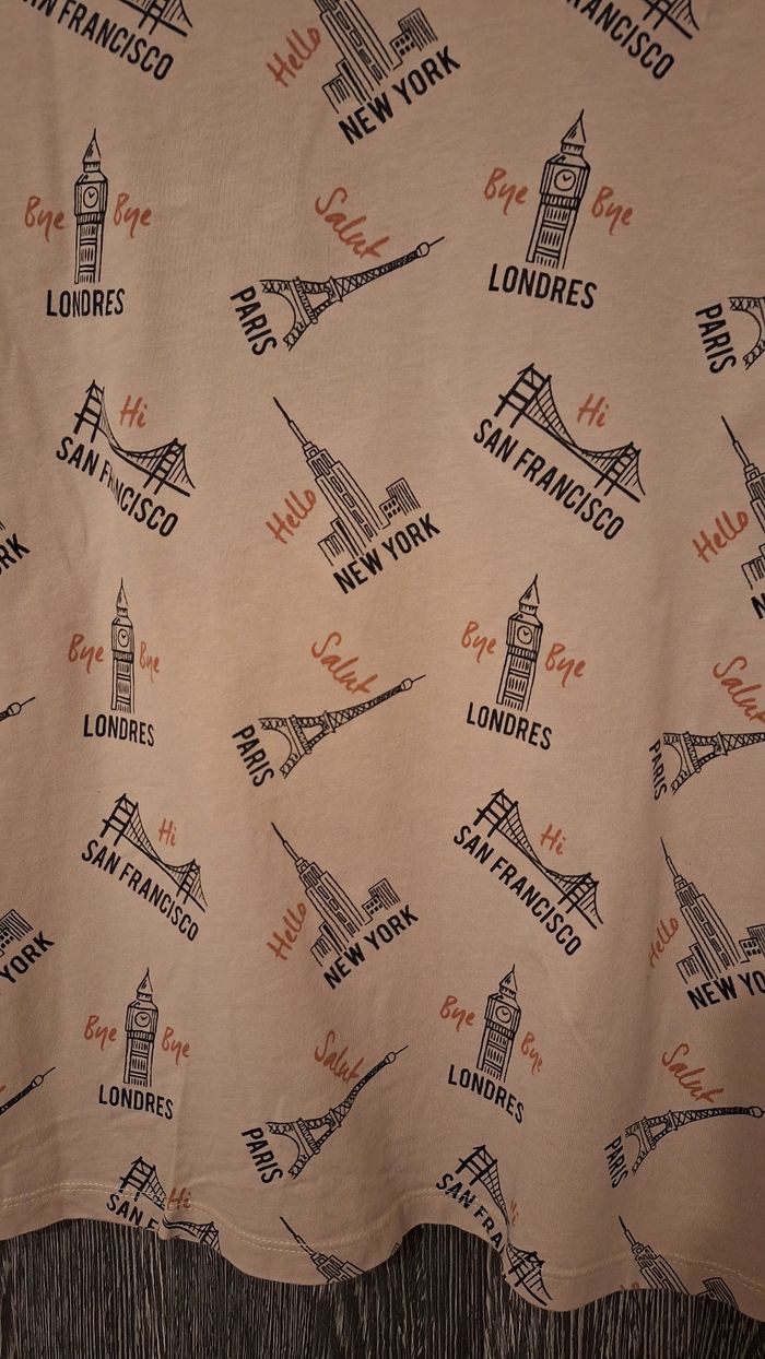 Tee-shirt manches courtes beige imprimé motifs capitales du monde - photo numéro 3