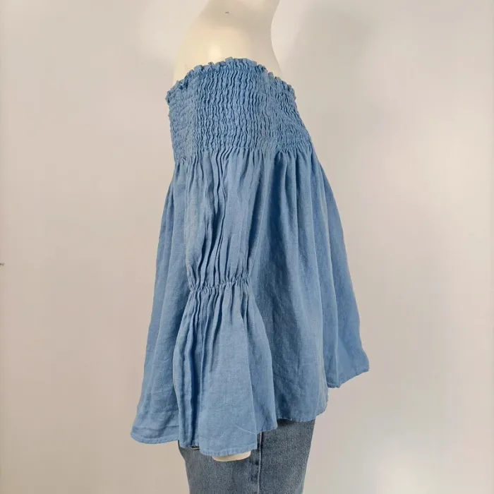 Top épaules dénudées bleu clair Zara taille XS style bohème manches larges smocké A188 - photo numéro 6