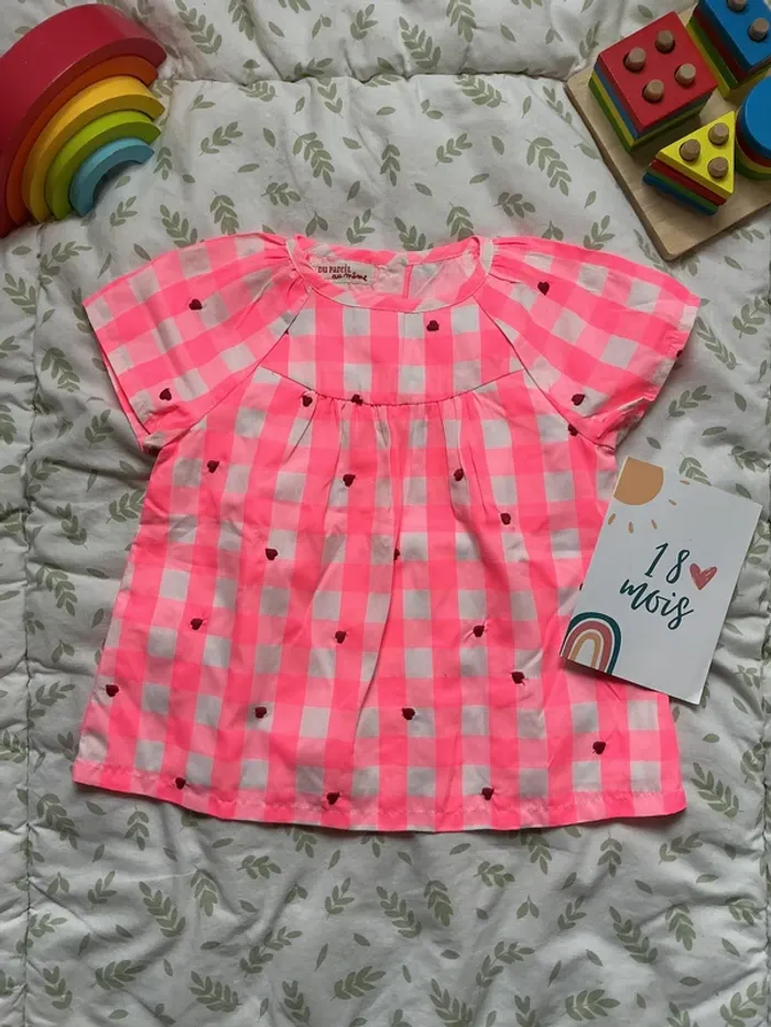 blouse manches courtes a carreaux blanc et rose fluo 18 mois du pareil au même - photo numéro 2