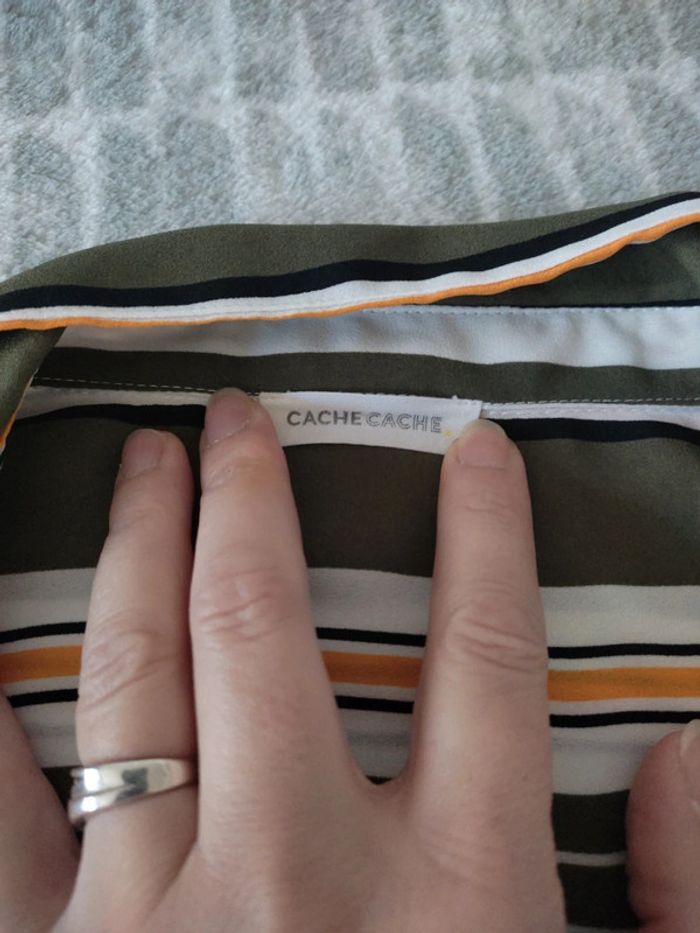 Chemise manches longues rayures blanc vert jaune cache cache taille 42 - photo numéro 3