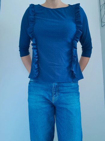 Blouse ajourée bleue à manches 3/4 taille 38