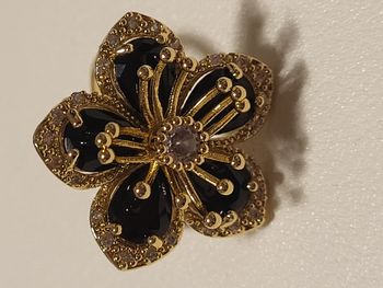  Bague acier inoxydable doré, fleur zircon noir