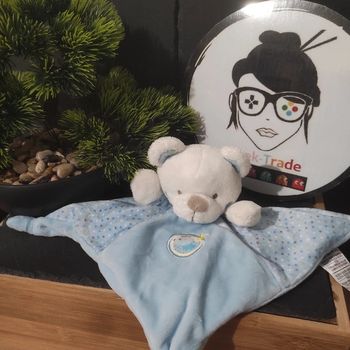 Doudou Mots D'enfants Ours Blanc Bleu Poule Oiseau Poussin pois point gris Jaune