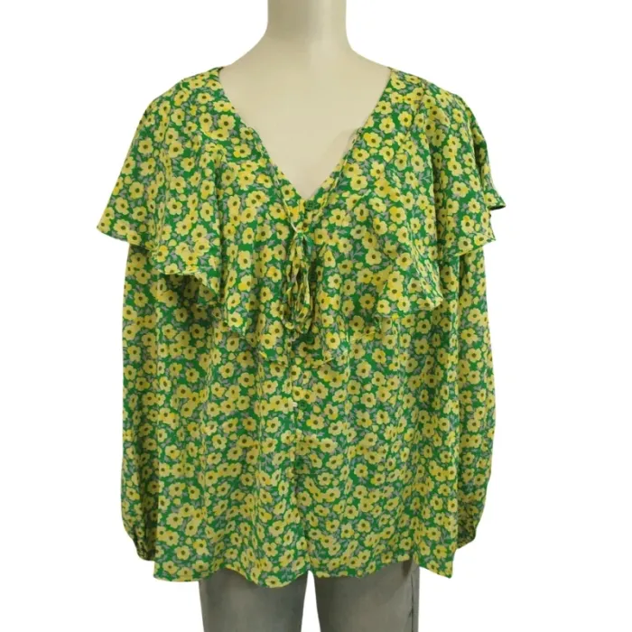 Blouse légère manches longues à volants col en V volanté fleurs jaune et vertes A
