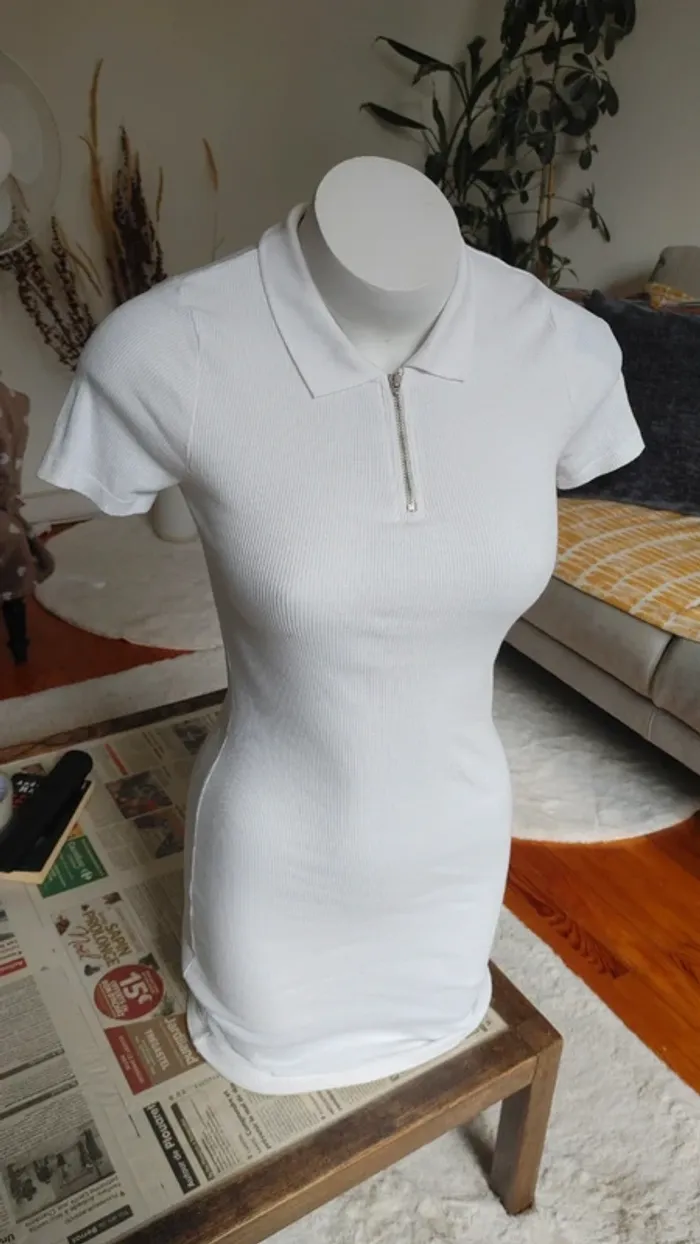 Robe polo blanc manches courtes côtelé mi-cuisse - photo numéro 7