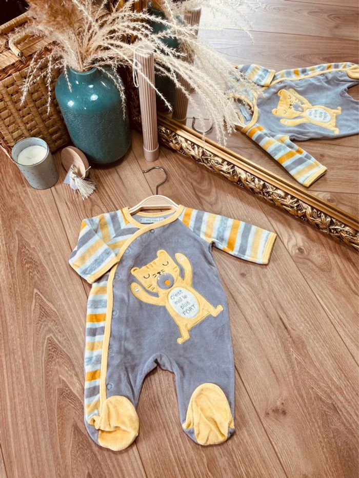 Taille 1 mois pyjama velours garçon Gemo gris et jaune * chat * 💙