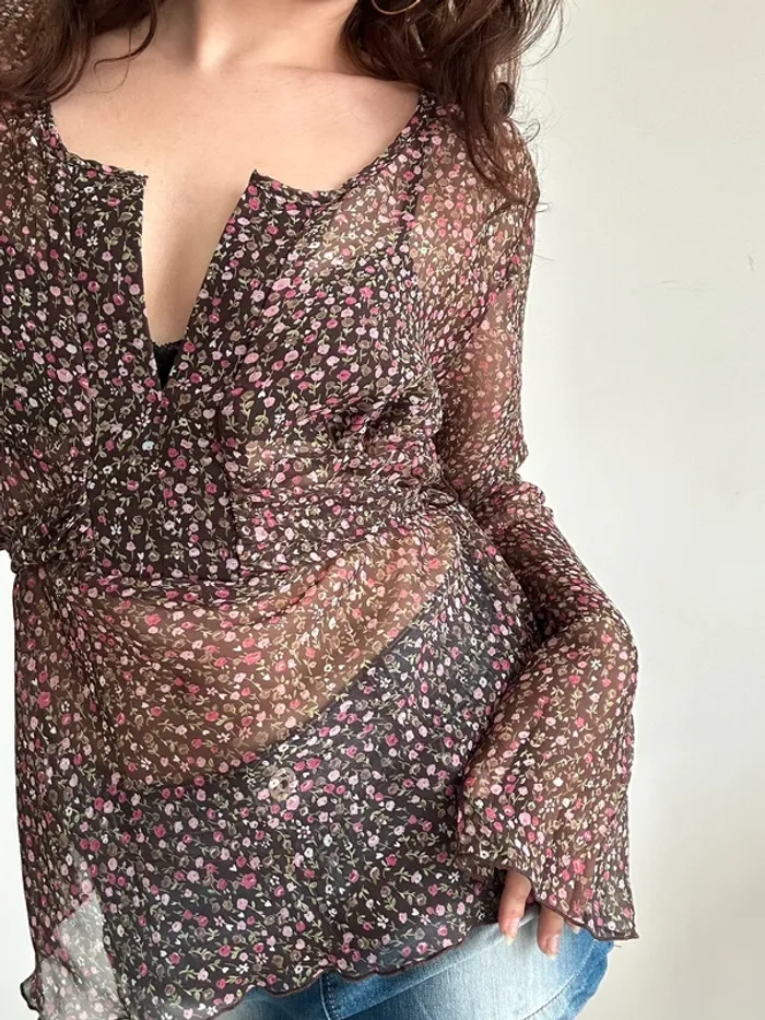 Blouse transparente marron à fleurs taille L - photo numéro 5