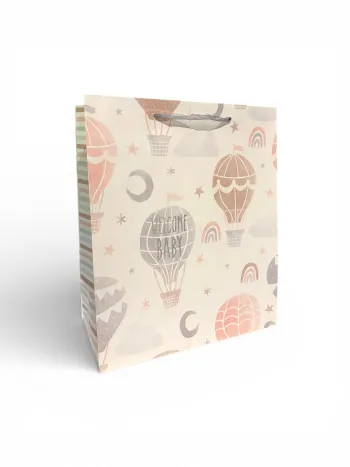 Sac cadeau motif montgolfière « Bienvenue bébé » – 25 × 30 × 12,5 cm Neuf