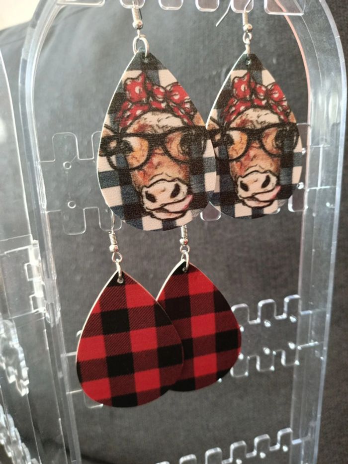 Boucles d'oreilles vache rétro carreaux