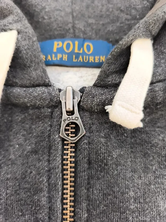 Sweat capuche homme Ralph Lauren zippé taille M gris foncé logo bordeau - tâche javel - photo numéro 9